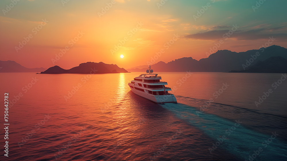 luxury cruiseline ship or yacht sailing in the middle of sea at sunset. generative ai