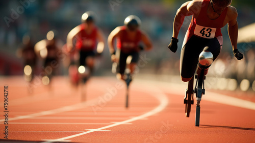 Athletes with prosthetics compete in a running event for people with disabilities at the Paralympic Games, banner
