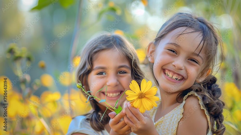 Dos niñas morenas sonriendo sujetando una flor amarilla entre sus manos al aire libre en un día soleado de primavera. - obrazy, fototapety, plakaty 