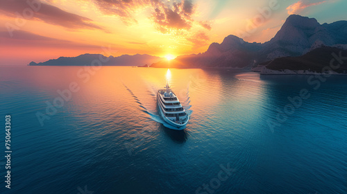 luxury cruiseline ship or yacht sailing in the middle of sea at sunset. generative ai photo
