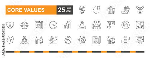 Core values icon. Teamwork, mission, goal, growth and more line icon. Most popular core values icons. © zayyan