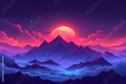 a mountain range with clouds and the moon