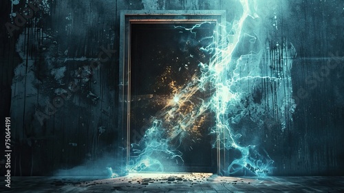 a locked door with ominous energy bursting out of the cracks