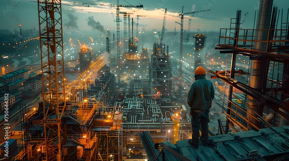 Industrial Worker Standing on Rooftop of Oil Refinery