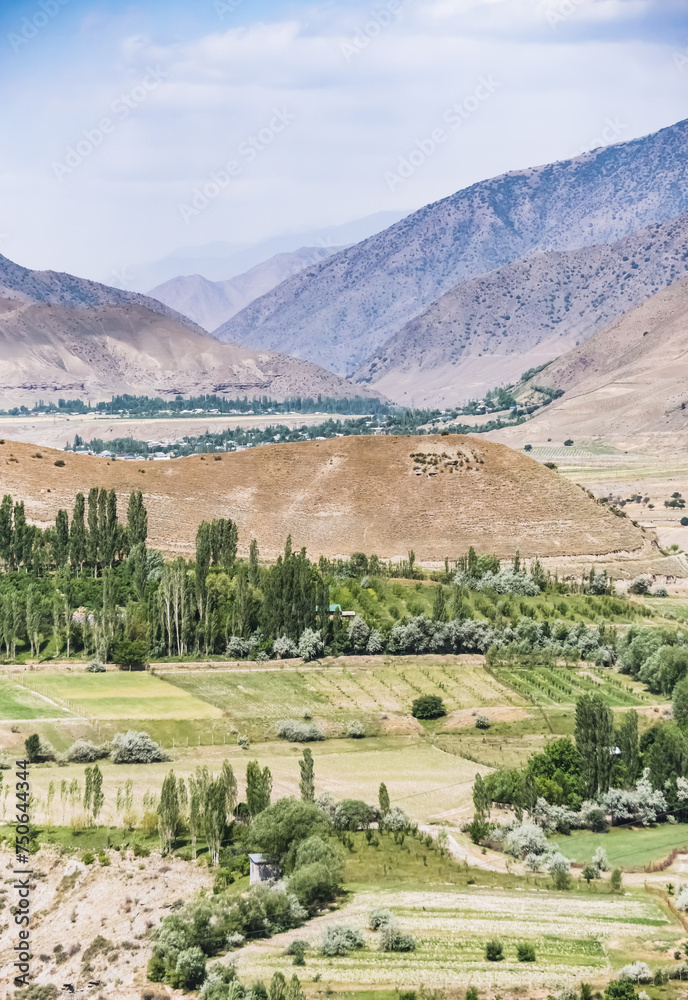 Fototapeta premium Panorama of mountain ranges and peaks of the Fan Mountains with glaciers, rocks and vegetation in Tajikistan on a summer sunny day