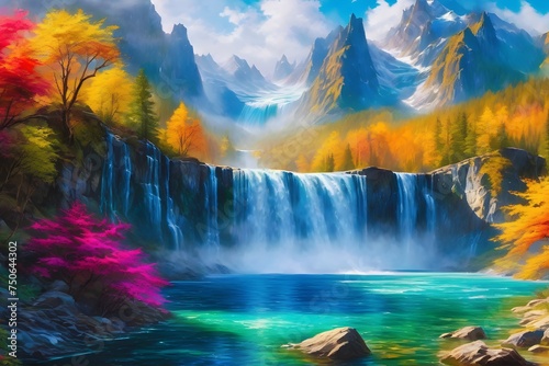 Colorful Landscape  Mountains and Waterfall  JPG 300Dpi 10800x7200 