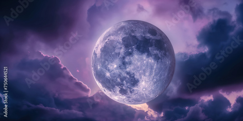 spooky allure of Halloween with a vivid fantasy of a full purple moon illuminating a cloudy night sky. The cinematic mystery vibe enhances the eerie charm, casting a bewitching glow on the purple moon
