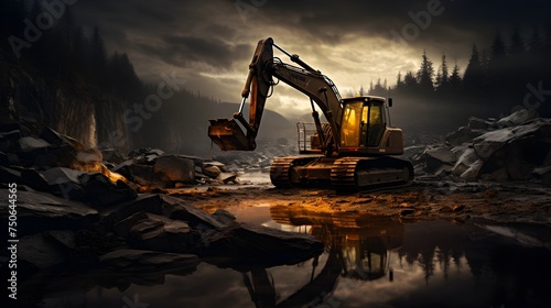 Excavator Digging into Rock at Night with Dramatic Lighting