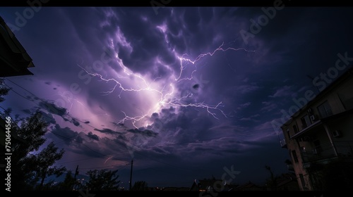 Lightning Strike in the dark sky over the city. Lightning storm over city in purple light