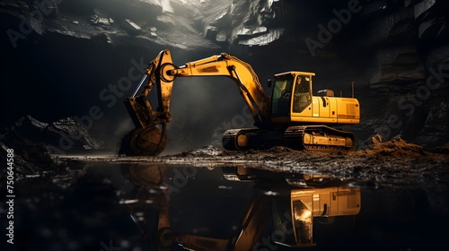 Excavator in Action in Dark Underground Mining