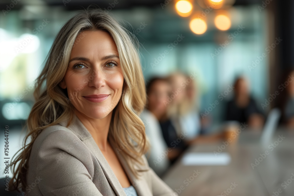 Confident business adult woman sitting at a table at a conference or lecture in office. Teamwork or meeting with copy space