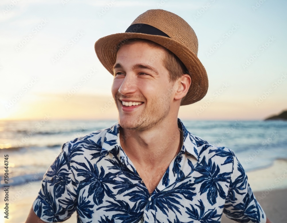 Portrait of cheerful caucasian young man with hat enjoying sunset at the beach