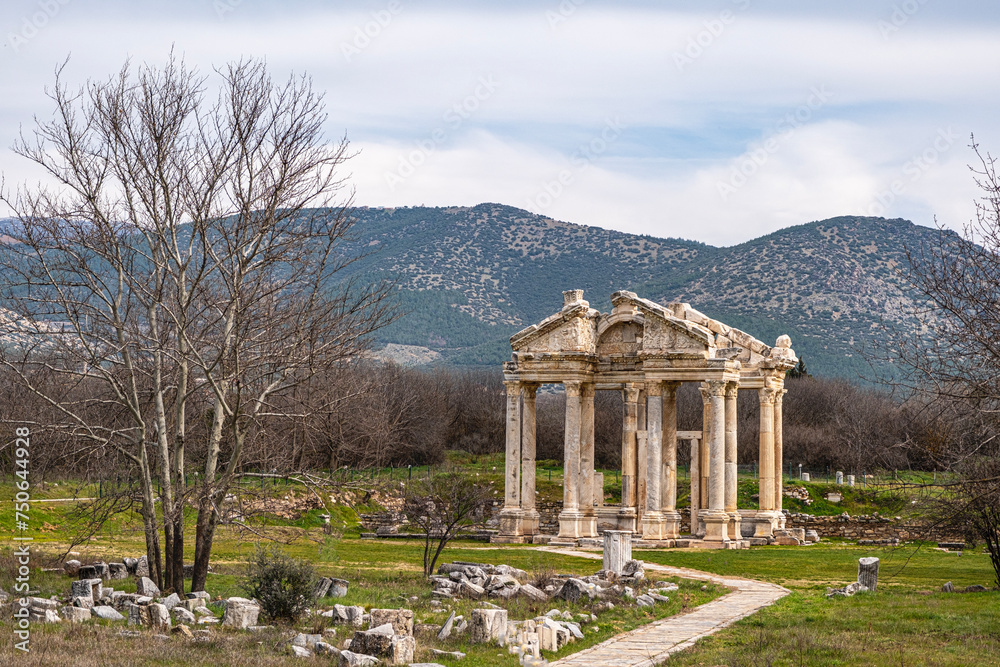Scenic views from Afrodisias which  was a small ancient  Hellenistic city in the Caria,  was named after Aphrodite, the Greek goddess of love in Aydın, Turkey