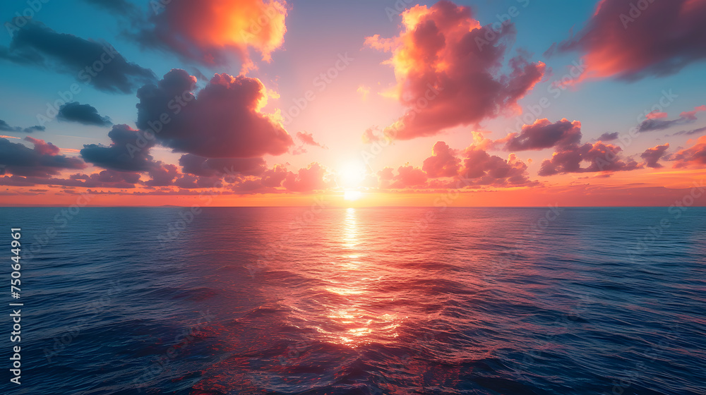 A photo featuring the majestic beauty of the sun rising over the vast expanse of the ocean, painting the sky with vibrant hues of orange and pink. Highlighting the awe-inspiring spectacle of the sunri