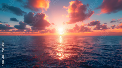 A photo featuring the majestic beauty of the sun rising over the vast expanse of the ocean  painting the sky with vibrant hues of orange and pink. Highlighting the awe-inspiring spectacle of the sunri