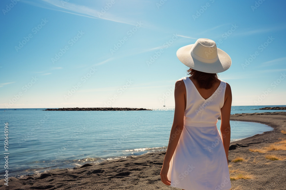 Young woman in a white dress on a tropical beach