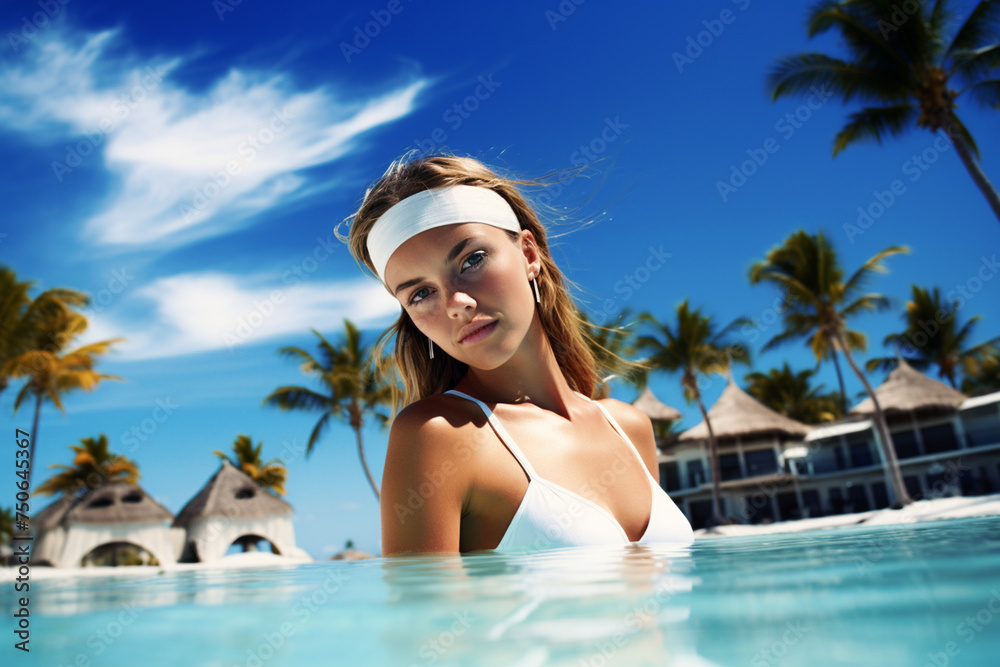 Beautiful young woman in a swimming pool surrounded by palm trees by the tropical sea