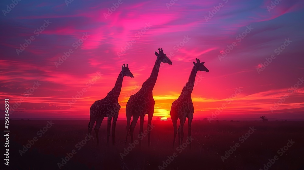 Fototapeta premium Giraffes Silhouetted Against a Colorful Sunset: Graceful giraffes silhouetted against a vibrant, multicolored sunset on the African savannah.