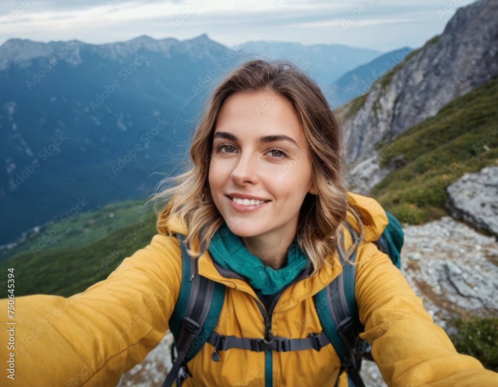 Young woman with wide smile taking selfie portrait on the peak of the mountain