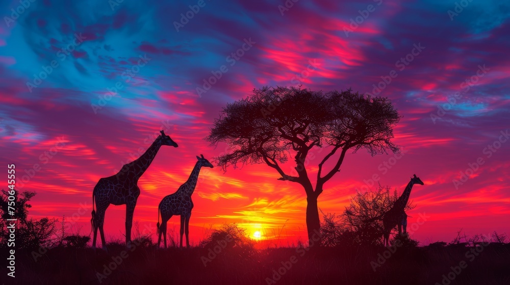 Giraffes Silhouetted Against a Colorful Sunset: Graceful giraffes silhouetted against a vibrant, multicolored sunset on the African savannah.