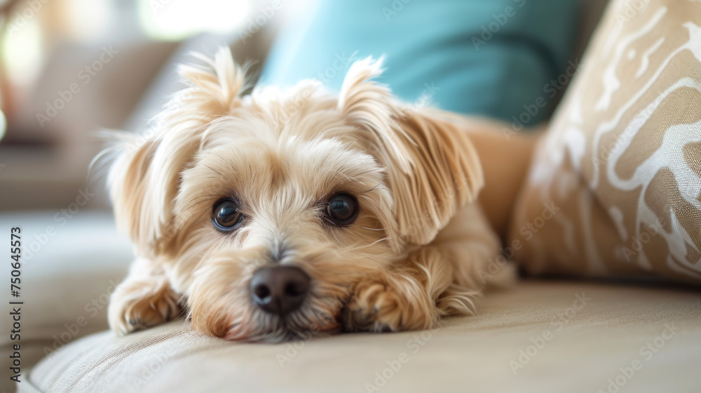 a sad dog lies with its head down