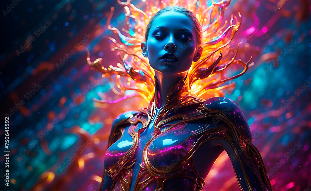 Surreal portrait of a blue woman dressed in extravagant and majestic clothes made of crystal against colorful background. Copy space. Cosmic extraterrestrial woman.