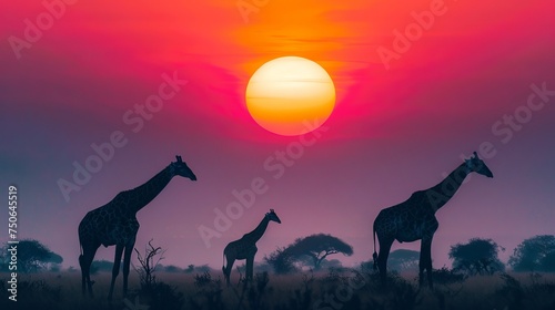 Giraffes Silhouetted Against a Colorful Sunset  Graceful giraffes silhouetted against a vibrant  multicolored sunset on the African savannah.