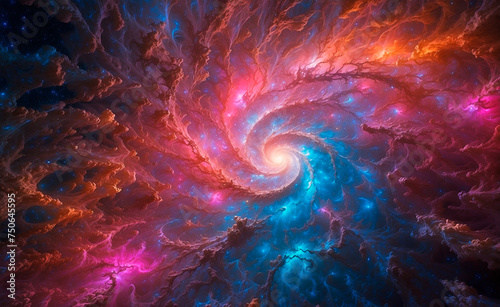Abstract galaxy swirl showing its first stars. Colorful cosmic event. Birth of a galaxy. Deep space background.