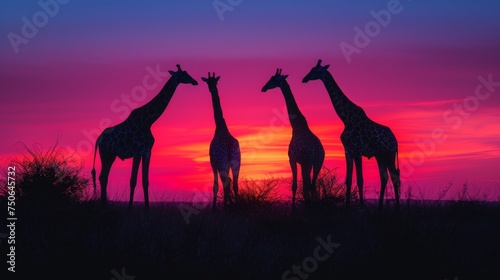 Giraffes Silhouetted Against a Colorful Sunset: Graceful giraffes silhouetted against a vibrant, multicolored sunset on the African savannah.