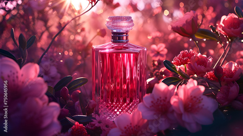 luxury glass or crystal perfume bottle with flowers backgrund. generative ai