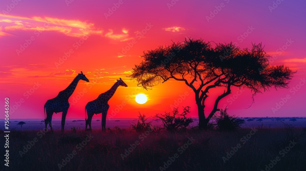 Giraffes Silhouetted Against a Colorful Sunset: Graceful giraffes silhouetted against a vibrant, multicolored sunset on the African savannah. Giraffes Silhouetted Against a Colorful Sunset: Graceful giraffes silhouetted against a vibrant, multicolored sunset on the African savannah.