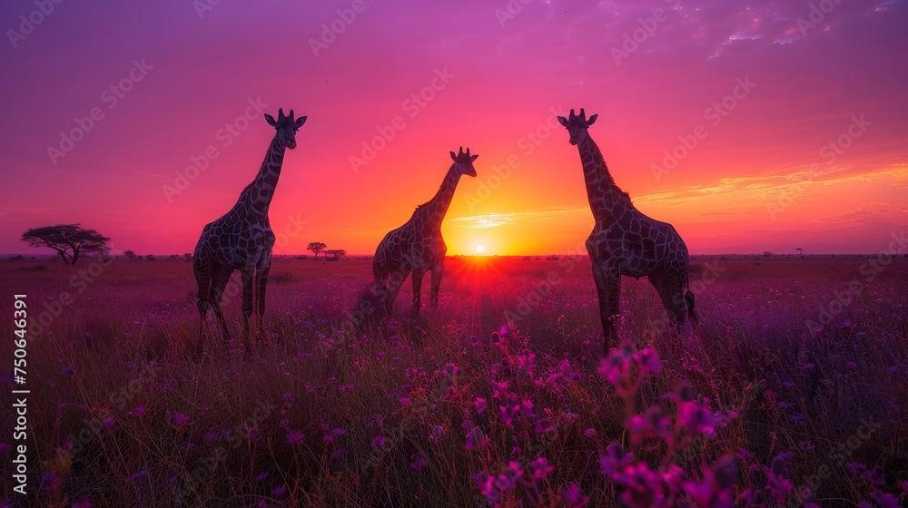 Giraffes Silhouetted Against a Colorful Sunset: Graceful giraffes silhouetted against a vibrant, multicolored sunset on the African savannah.
