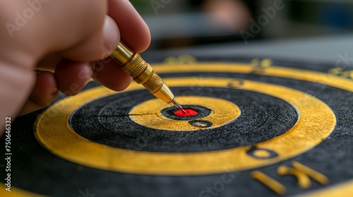 The businessman's hand holds a dart from a dartboard outlines the goal, business concept, planning and goal achievement