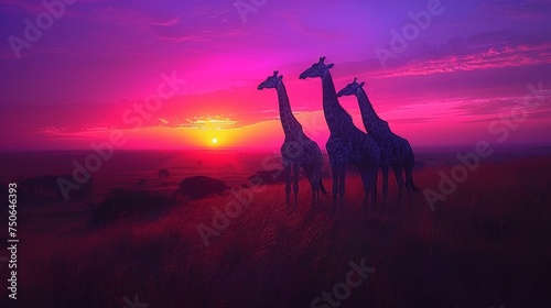 Giraffes Silhouetted Against a Colorful Sunset  Graceful giraffes silhouetted against a vibrant  multicolored sunset on the African savannah.