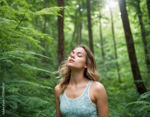 A young woman deep breathing by fresh air in a forest © orelphoto
