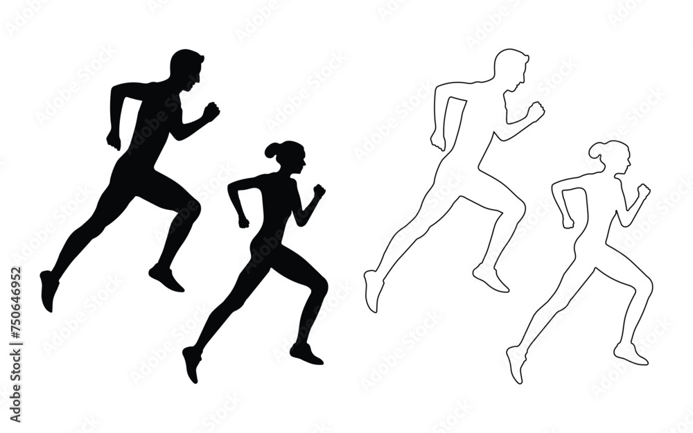Runners, silhouettes and lines of men and women running on a white background. People jogging, full body, side view. Vector illustration.