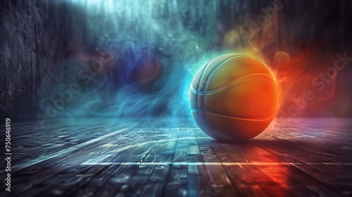 Glowing Basketball on Wooden Court with Smoke Effect
