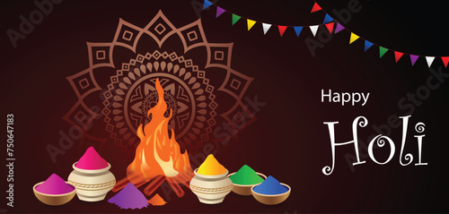 happy holi Holika Dahan (Burning Holika, the devil) with colors on dark background