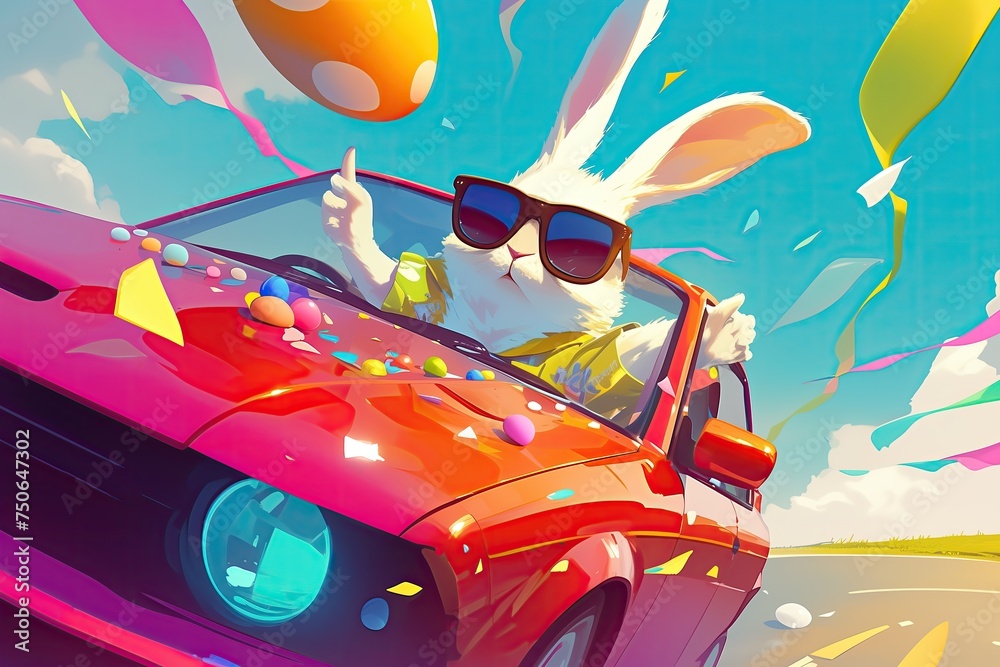 A cool white Easter bunny in sunglasses brings the holiday and Easter mood, decorated eggs and balls on a sports car