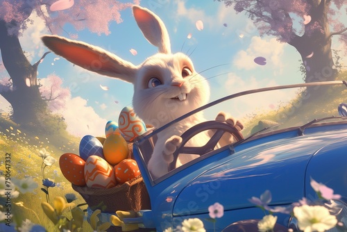 Kind cute Easter bunny carrying a basket of decorated Easter eggs on a blue car photo