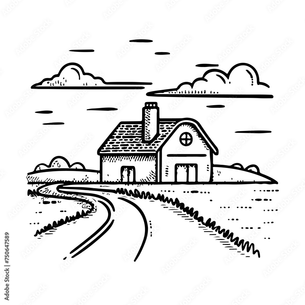 Rural landscape field and house in graphic style. Drawn by hand and converted into vector illustration.