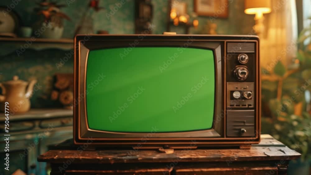 Old retro box tv with green screen mock up on table. Vintage television set with chroma key template. Empty mockup, blank space. Old fashion tv on wooden table in horizontal position. Home background.