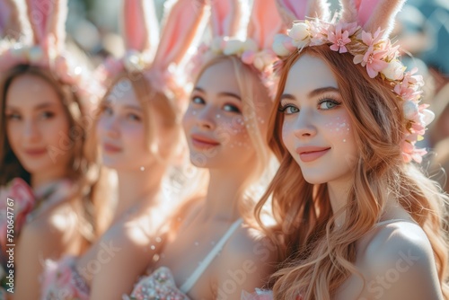 Girls in festive Easter costumes with bunny ears and flower wreaths pose with smiles at the spring holiday. Easter concept