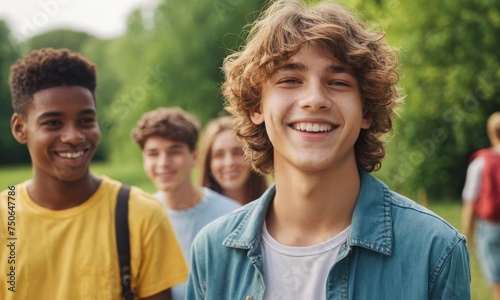 Happy teenage boy with wide smile hanging out with friends