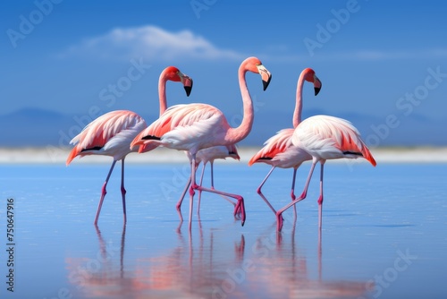 Flamingos walking around the blue lagoon on a sunny day © Paworn