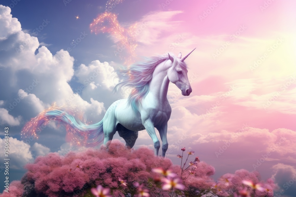 Fototapeta premium Unicorn with a flowing mane stands atop a flower cliff in the background.