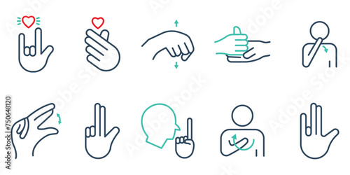 sign language. sign language icon set. i love you, help, yes, no, thank you , etc. line icon style. business element vector illustration
