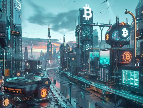 A futuristic cityscape where every transaction from coffee purchases to property deals is made in Bitcoin