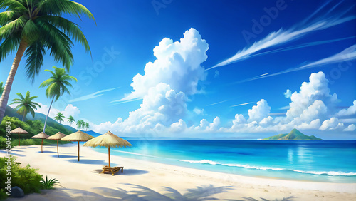 beautiful beach with white sand  turquoise ocean and blue sky with clouds on Sunny day. Summer tropical landscape with green palm trees and Straw umbrellas with empty copy space. 