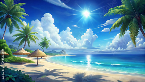 beautiful beach with white sand  turquoise ocean and blue sky with clouds on Sunny day. Summer tropical landscape with green palm trees and Straw umbrellas with empty copy space. 